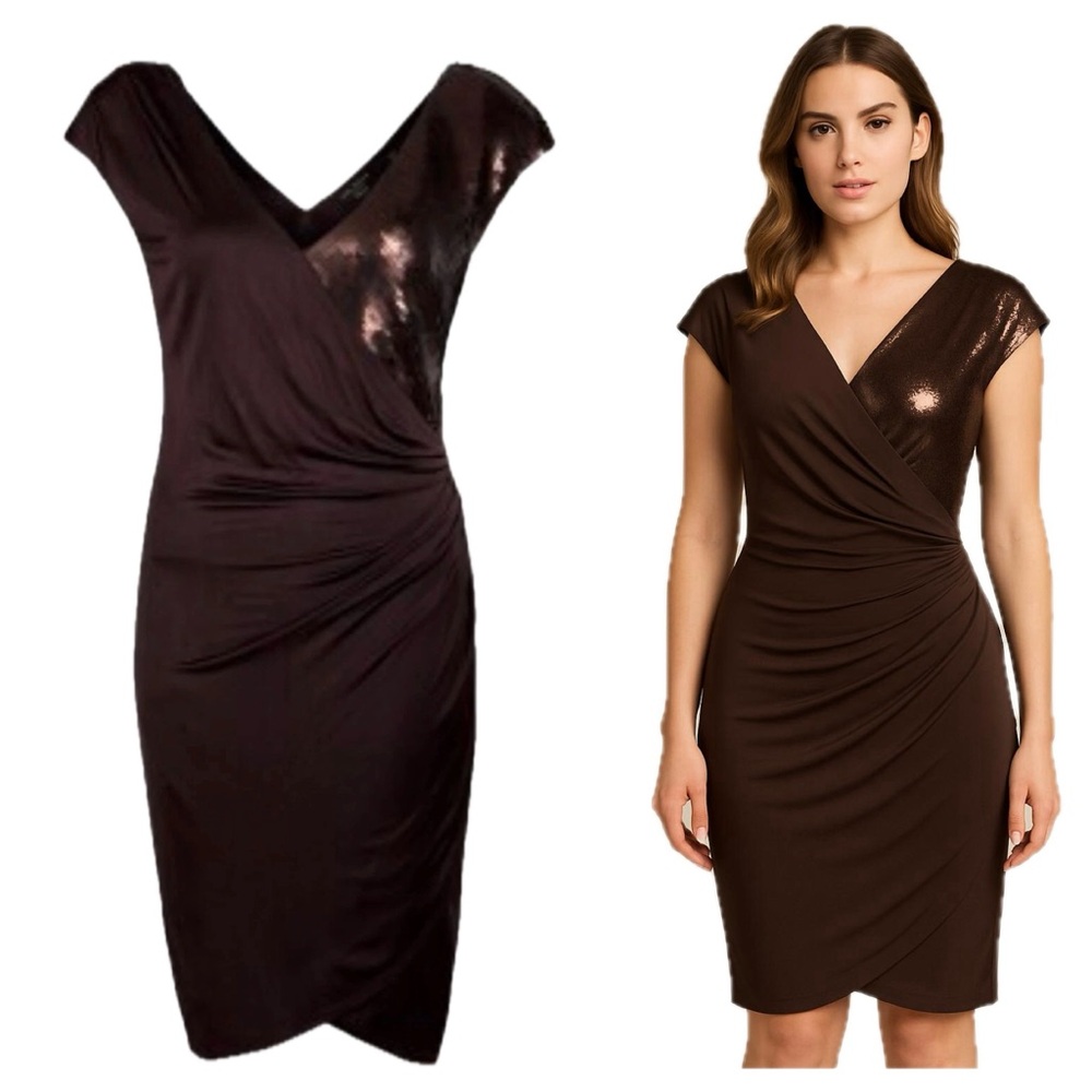 Ted Baker London Brown sequin wrap dress ruched draped short cap Sleeve US4